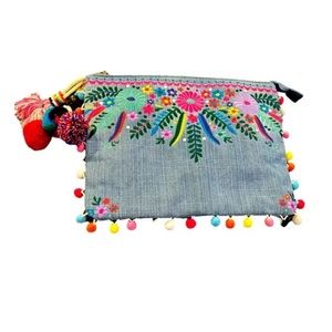 Steven by Steve Madden Denim Embroidered Beaded Zip Clutch W/Pom-Poms & Tassels